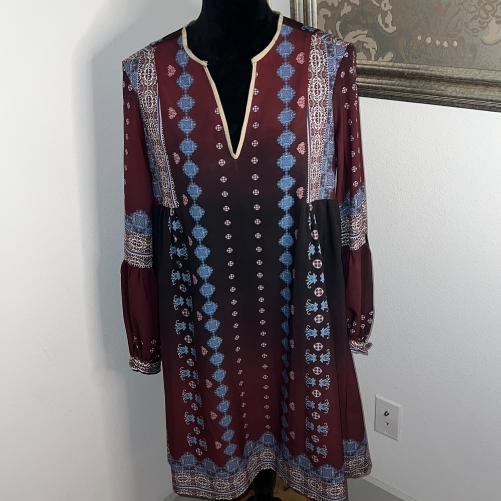 Clover Canyon Boho print Ombré midi peasant dress Sz S Burgundy blue‎ tan